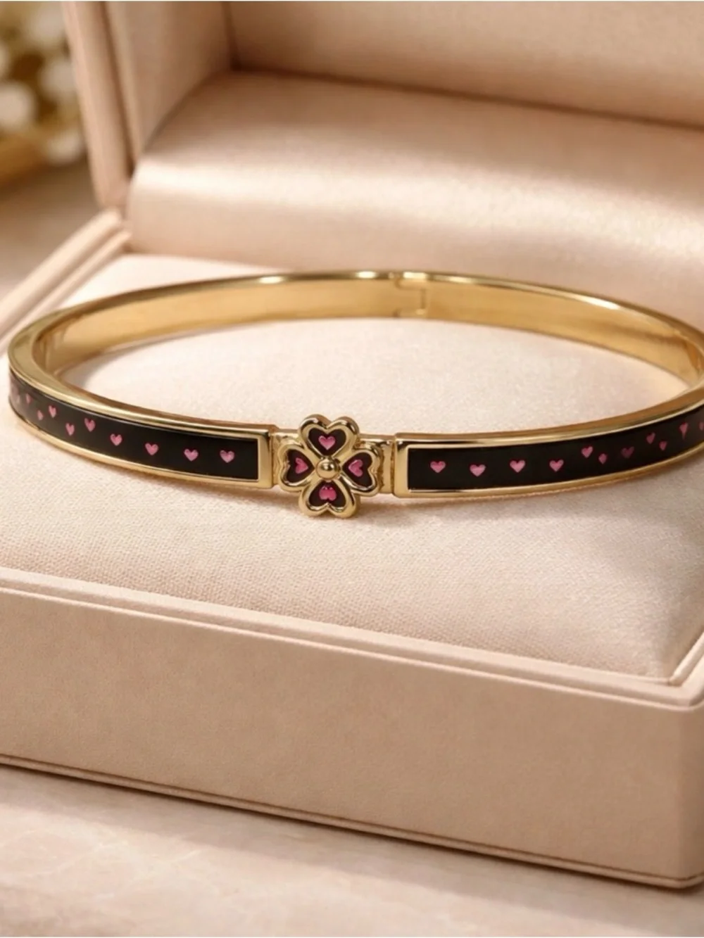 kate spade Gold-Tone Black Enamel Bangle with Pink Heart Clover - Picture 5 of 5